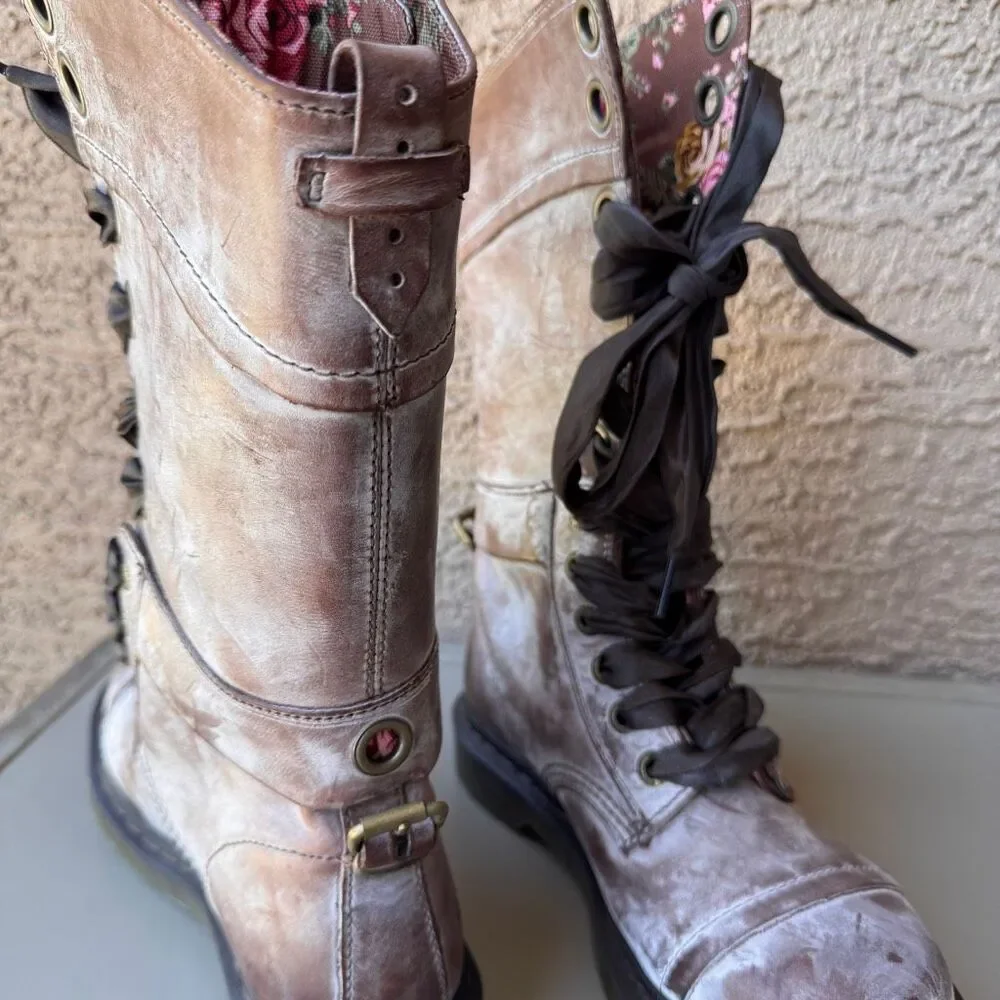 NEW Dr. Martens Triumph Boots Womens Sz 8 Brown Pink Floral Foldover Tall Combat - Picture 13 of 16